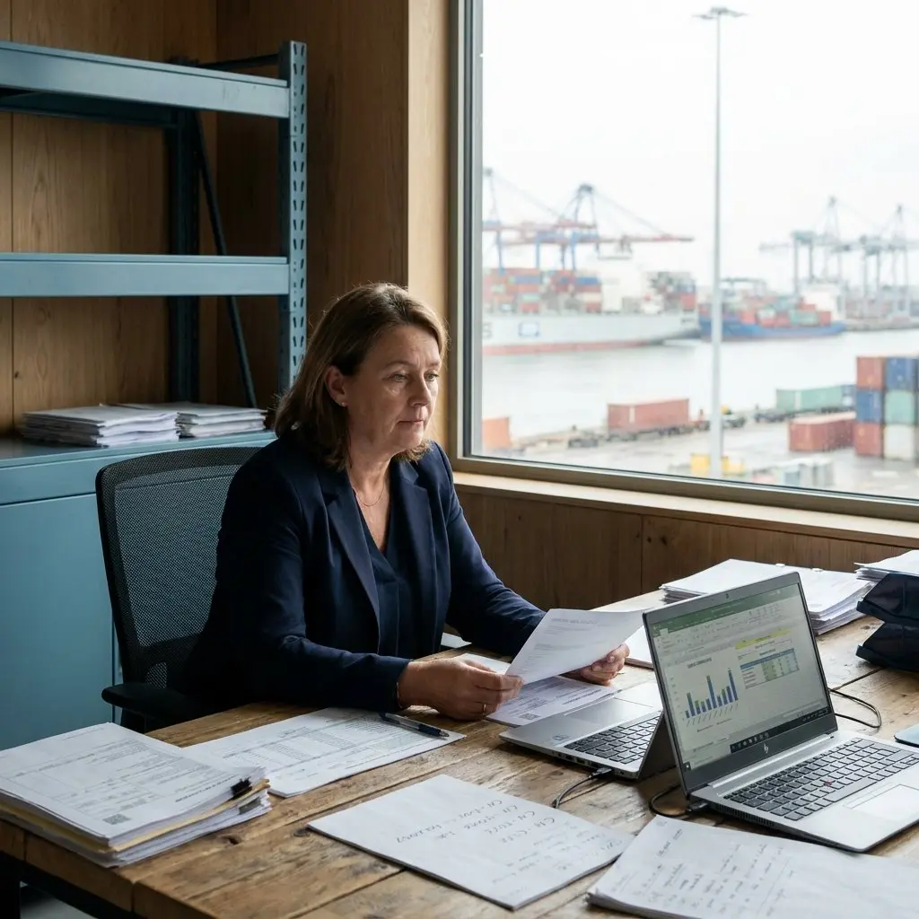 Woman in a navy blazer reviewing paperwork at a wooden desk with laptops showing spreadsheets and charts, overlooking a container port with cranes and cargo ships.